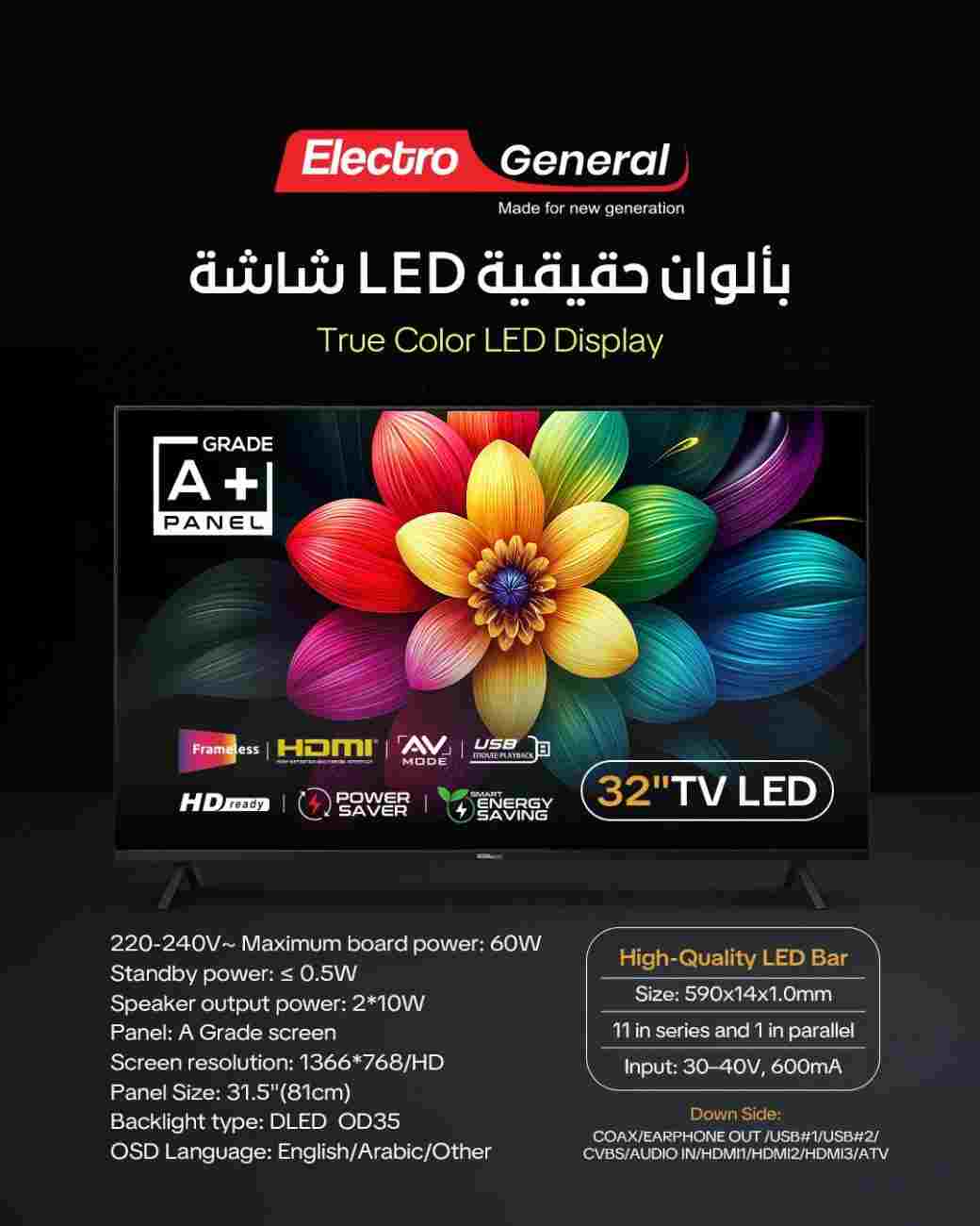 Electro General 32" HD TV TH-32ATV – LED Display, 3x HDMI, 2x USB, Frameless Design - Image 2
