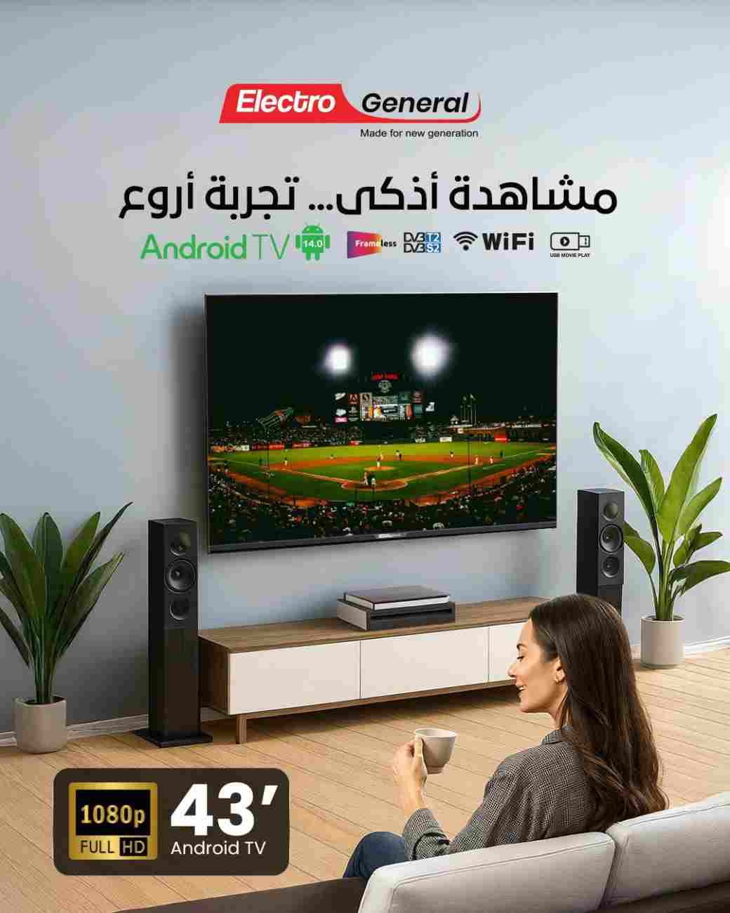 Electro General 43" Android 14 TV TH-43AOP14 – Full HD 1080P, DVB-T/T2/S2, 3x HDMI, 2x USB, WiFi - Image 2